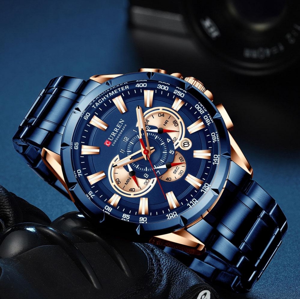 New Style Blue  & Rose Gold Waterproof Chronograph Wristwatch  Sports Watch - Picture 2 of 5